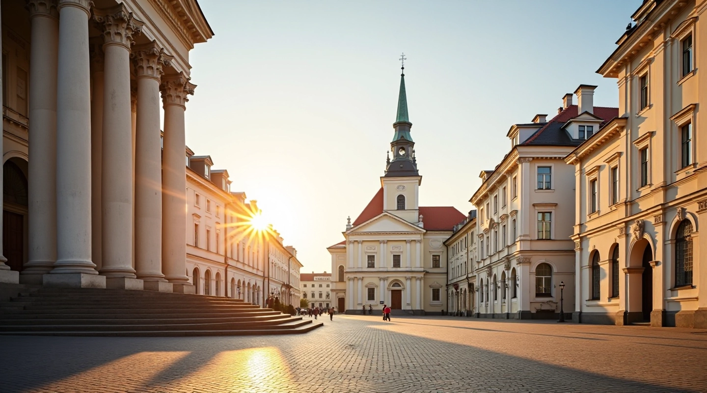 theluxuryguide katedra ryto šviesa, baltų kolonų fasadas, aikštė priešais