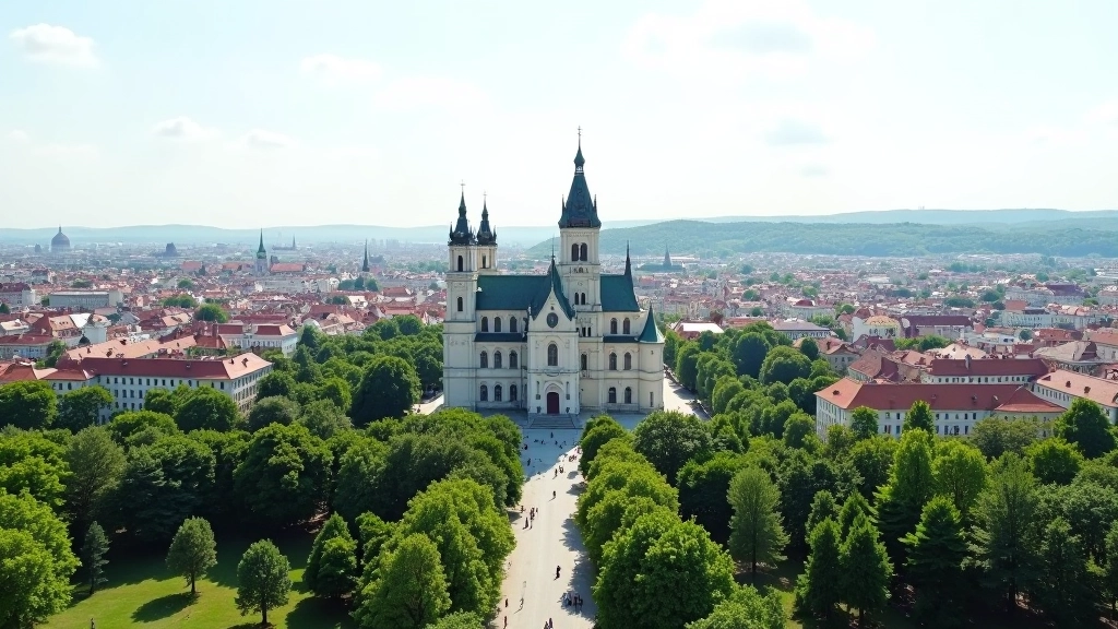 theluxuryguide panorama iš aukštai, katedra centre, pilis šone, žalios parko vietos